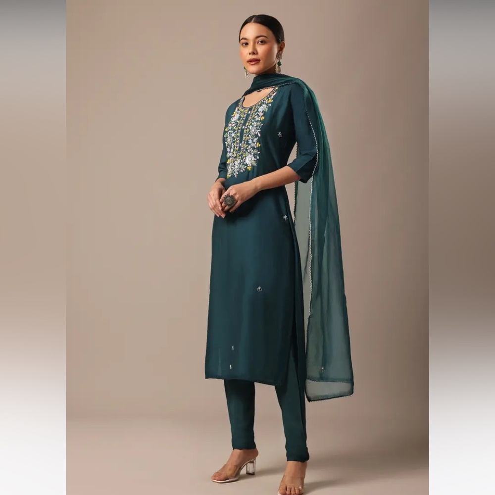 Indian Wedding Guest - Blue Chanderi Embroidered Kurta Set With Organza Dupatta